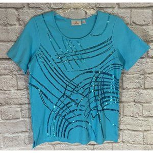 Quacker Factory Womens M Blue Sequins Shirt Cotton Stretch Top 8999